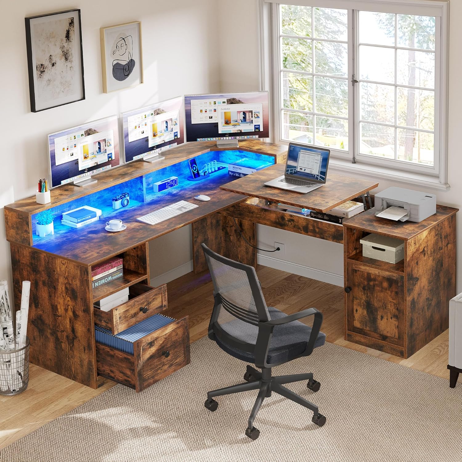 YITAHOME L-Shaped Desk: Power Outlets, LED Lights, Storage