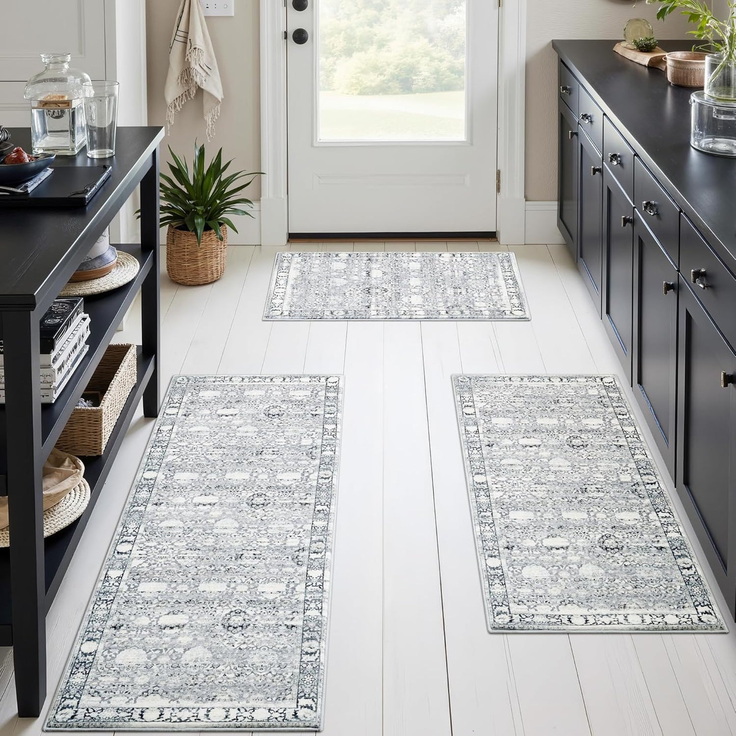 Boho Kitchen Rug Set of 3, Non Slip Washable Faux Wool Mats