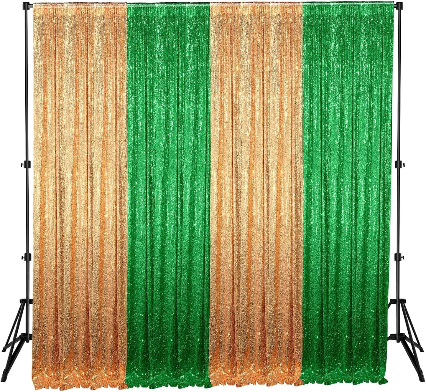 4 Panels Green and Gold Sequin Backdrop Curtain for Events
