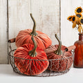 Set of 3 Velvet 6.25 Inch Pumpkins with Basket - Rustic Fall Mantel