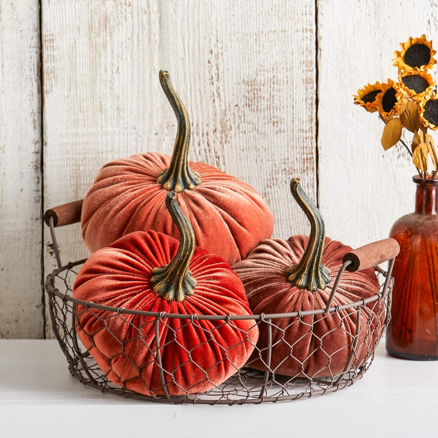 Set of 3 Velvet Pumpkins with Basket for Fall Decor