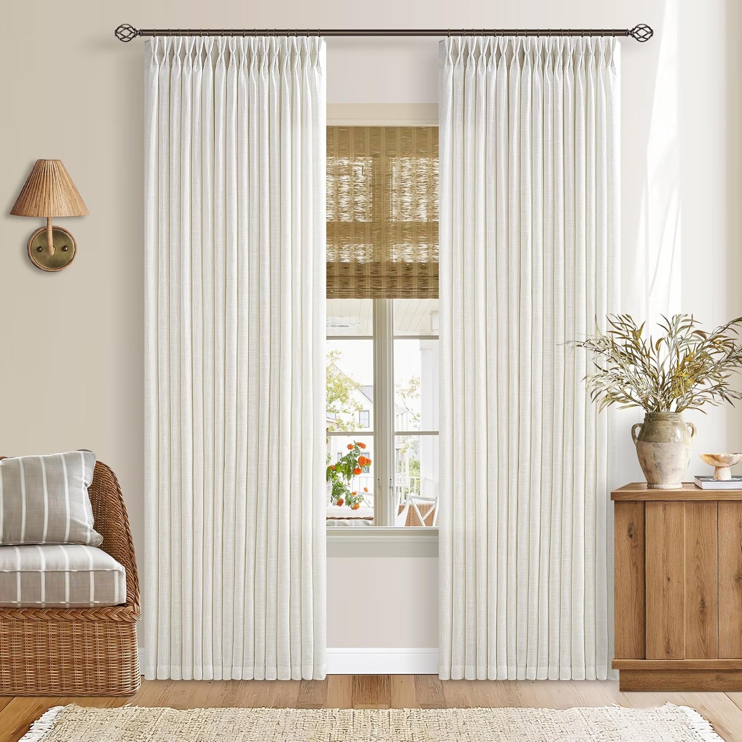 Pinch Pleated 90 Inch Linen Curtains for Living Room Decor