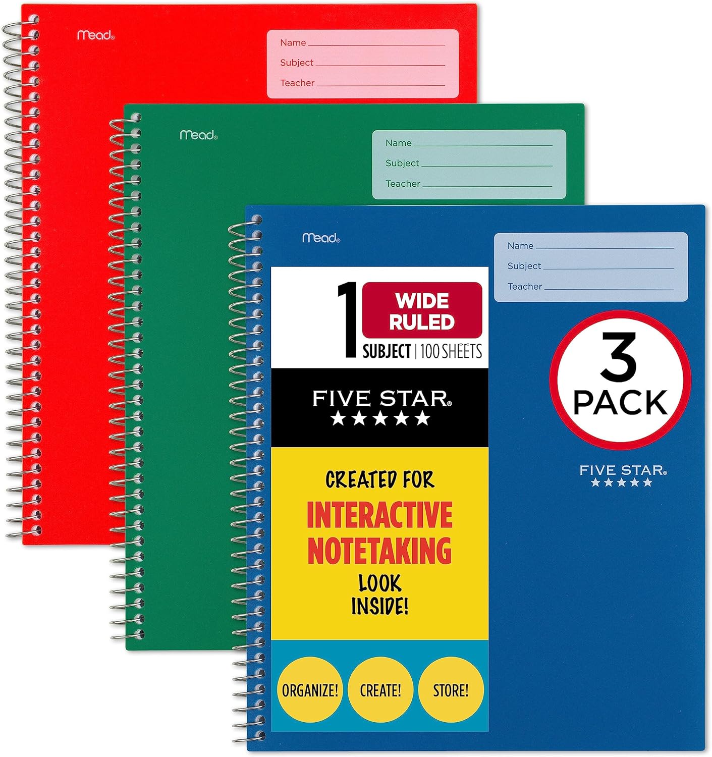 5-Star Interactive Notebooks, 3 Pack, Wide Ruled, 100 Sheets, Vibrant Colors