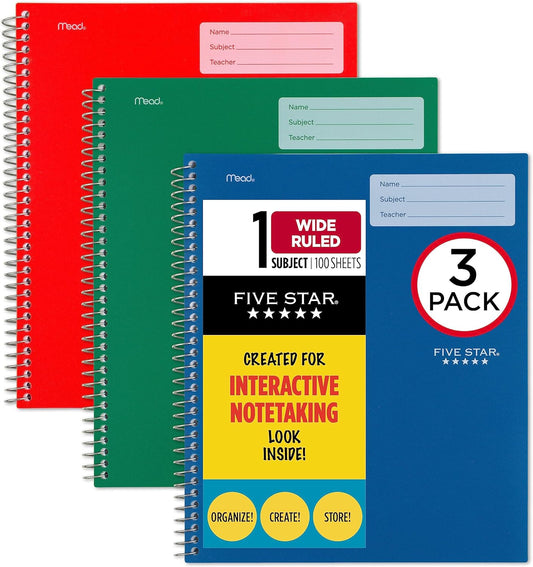5-Star Interactive Notebooks, 3 Pack, Wide Ruled, 100 Sheets, Vibrant Colors