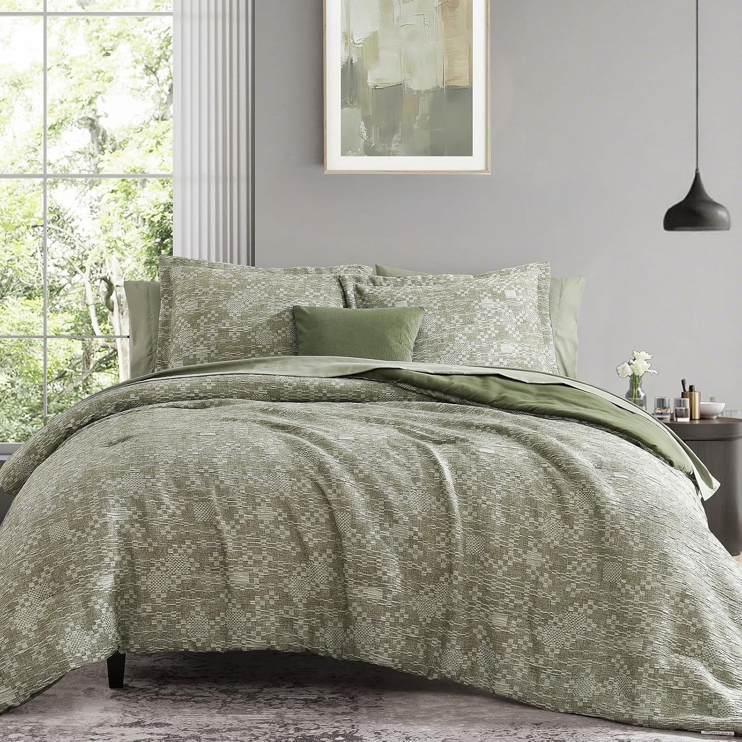 MaiReve King Comforter Set Olive Green with Crinkle Texture
