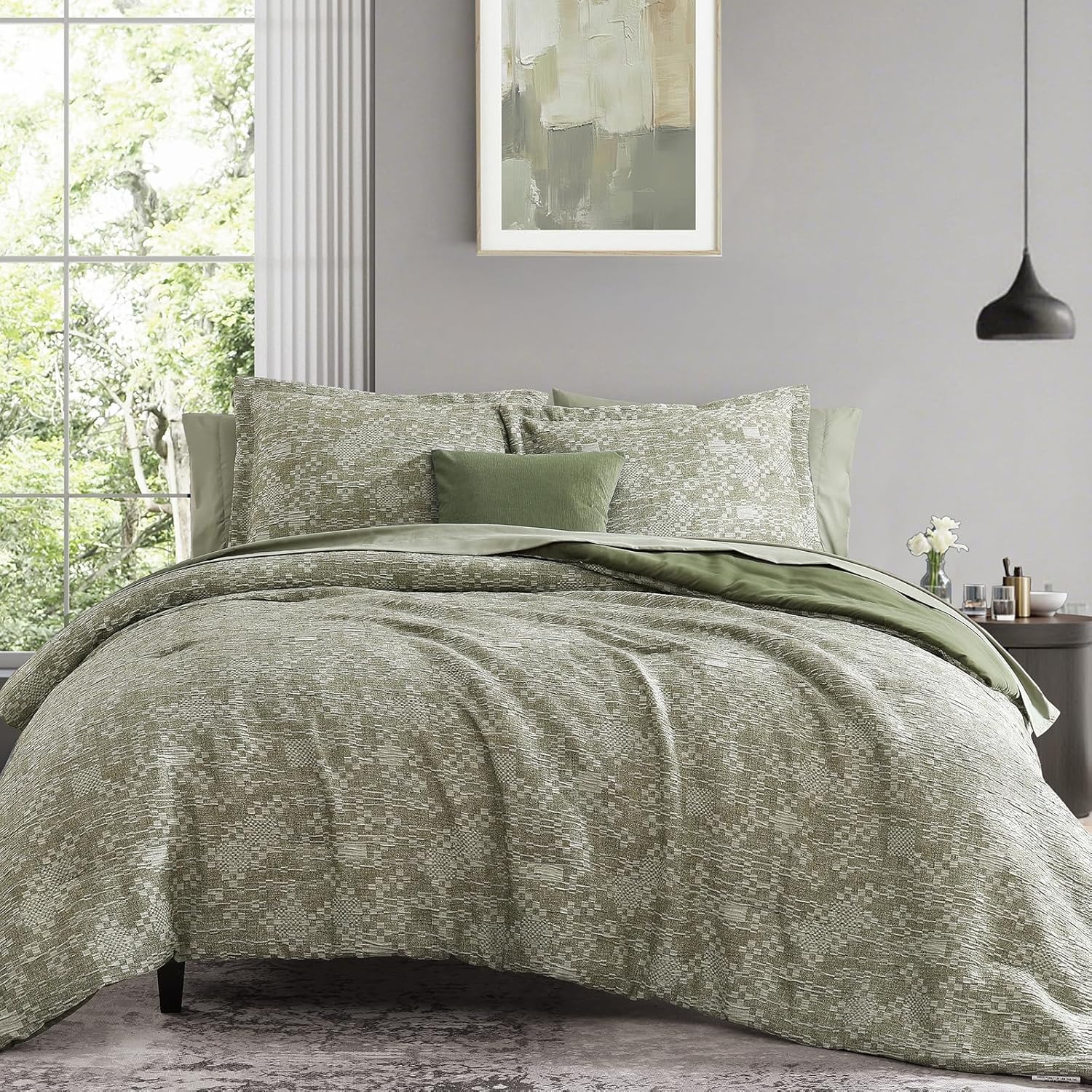 MaiReve King Comforter Set Olive Green with Crinkle Texture