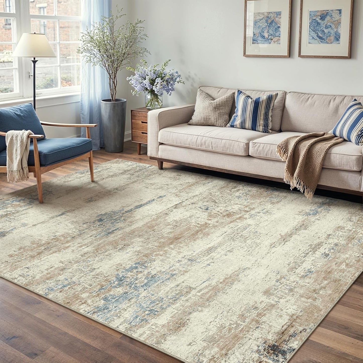 5x7 Area Rug Washable Beige Brown Abstract Living Room Carpet