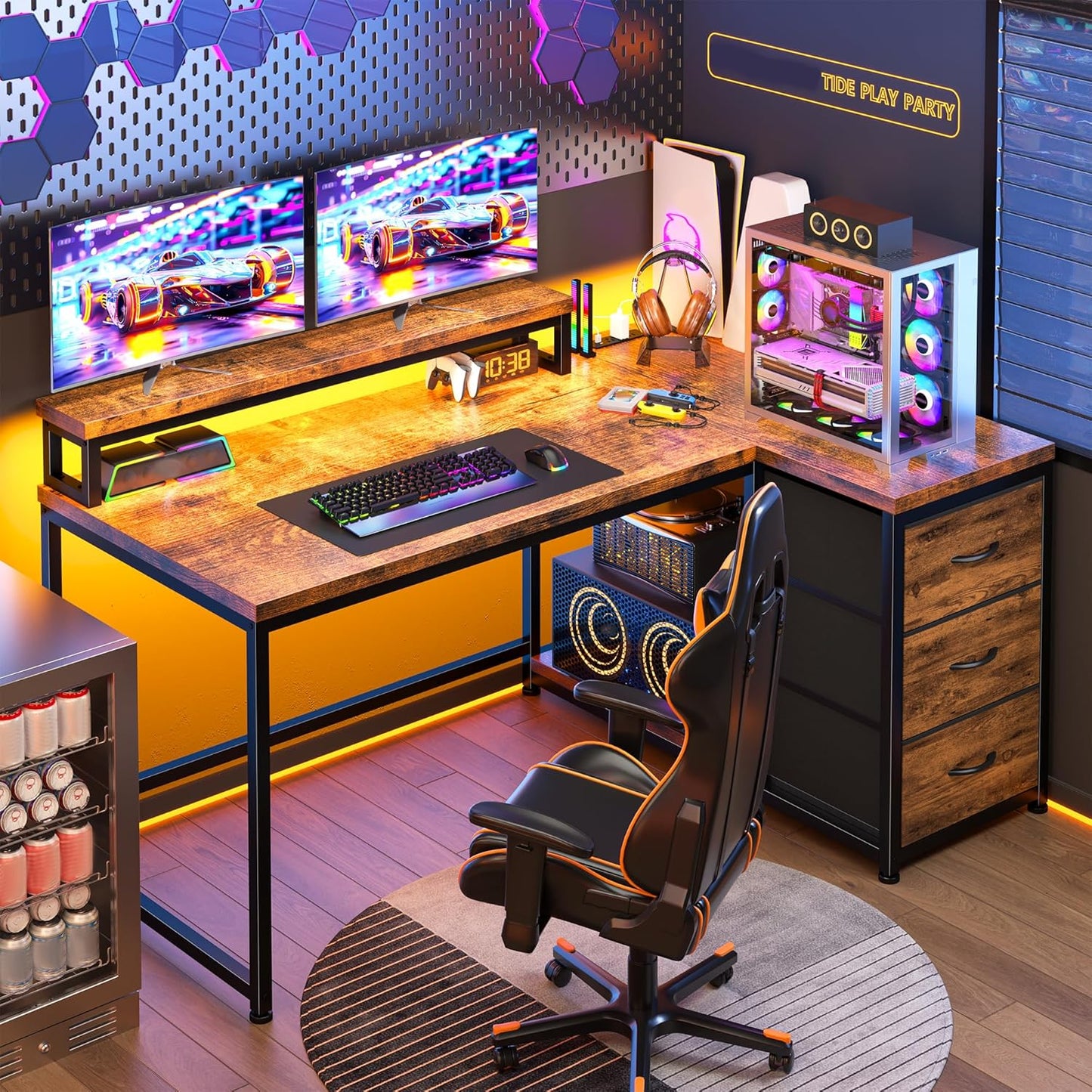 EnHomee L Shaped Gaming Desk with LED & Power Outlet