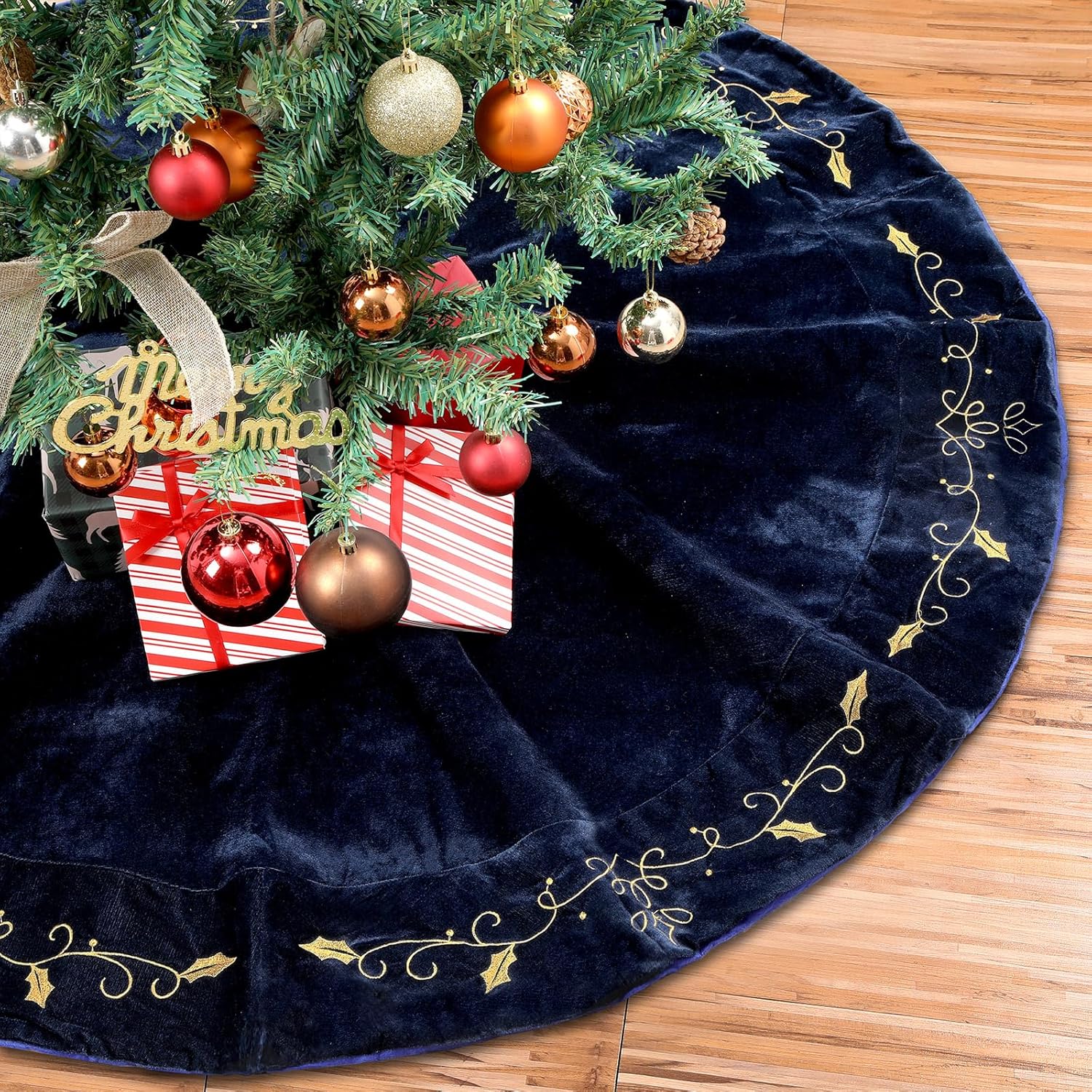 48inch Christmas Tree Skirt Navy Blue Velvet with Gold Embroidery