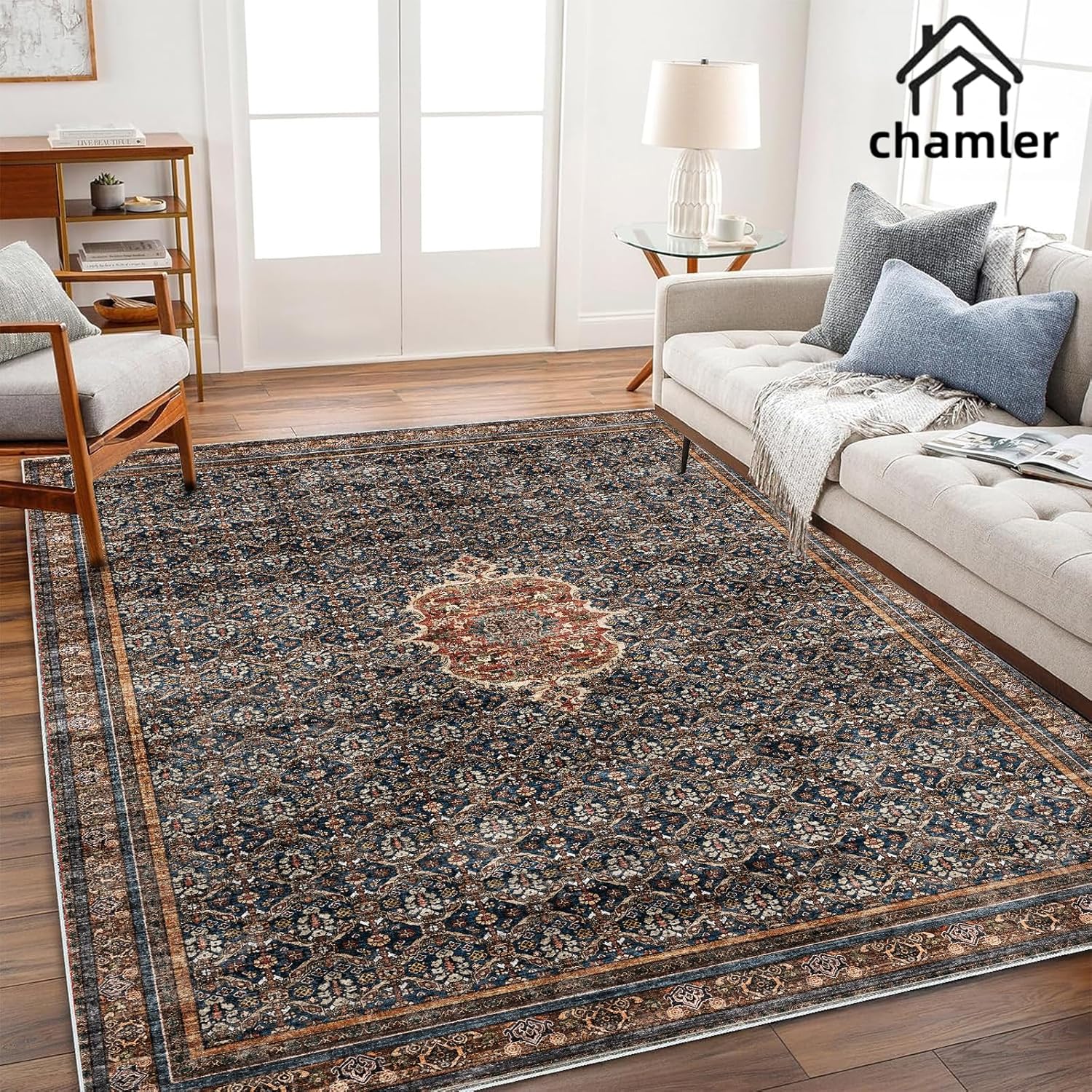 6x9 Washable Area Rug with Boho Medallion Design for Home