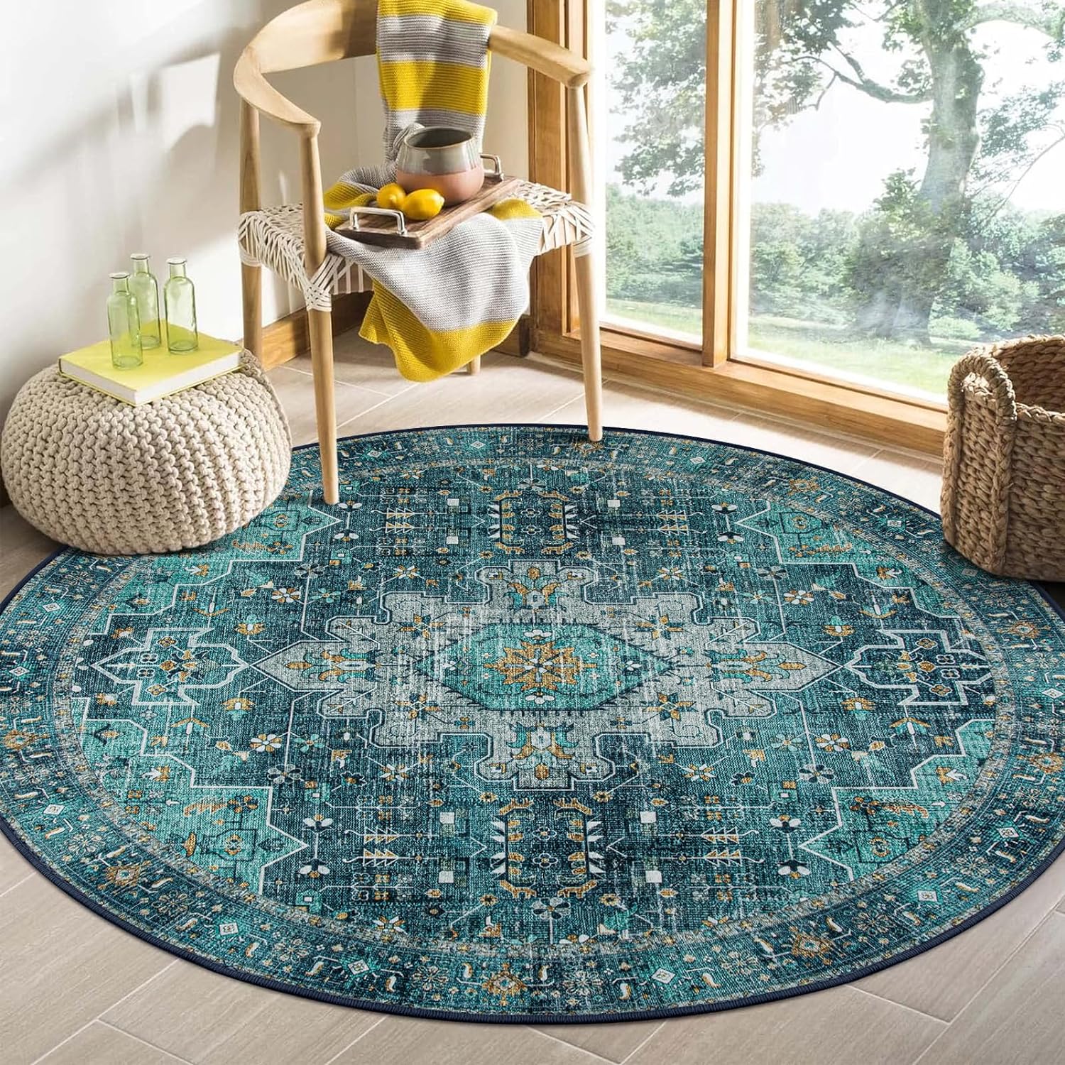 Moynesa Ultra-Thin Washable Round Rug - Vintage Circle Area Rug