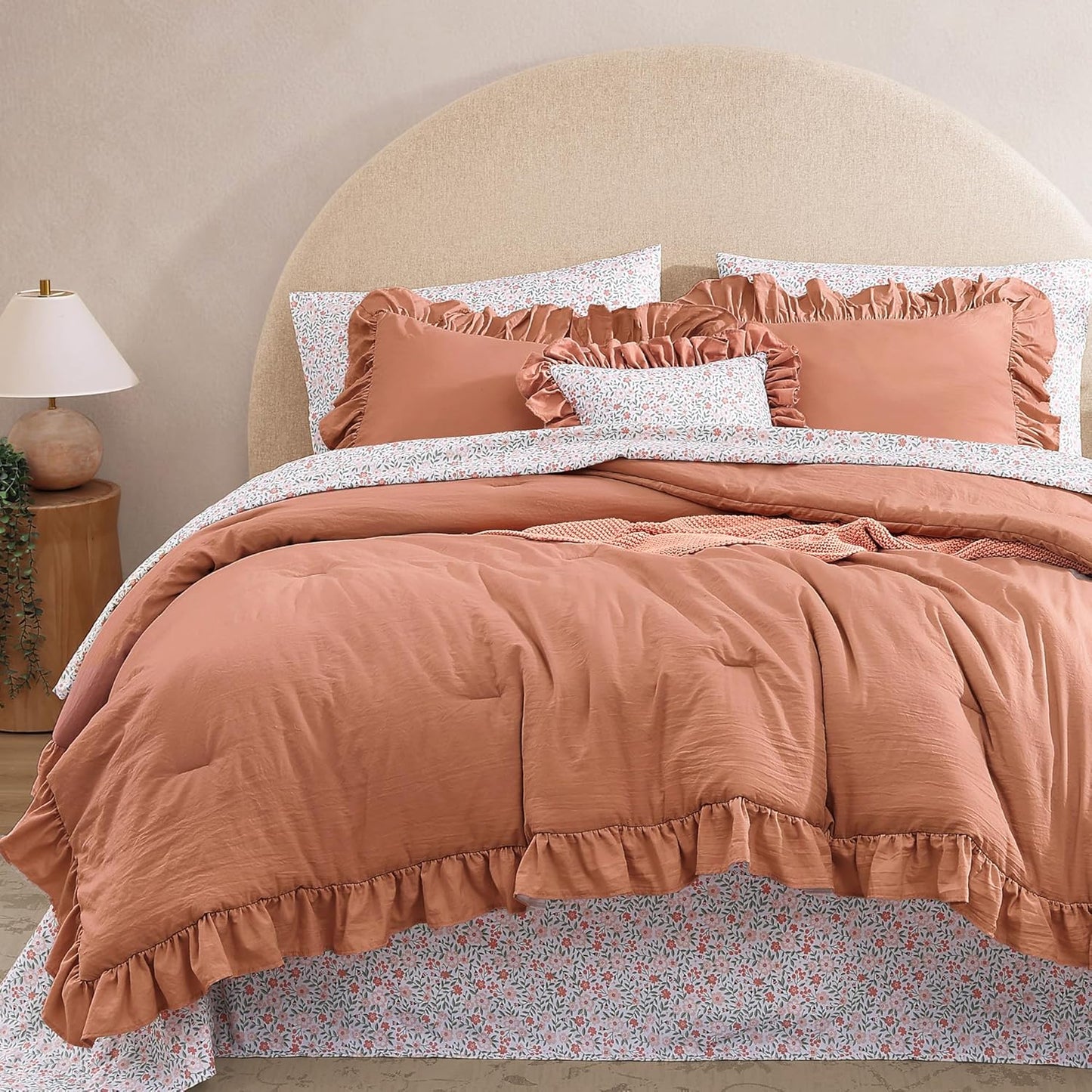 Queen Comforter Set - 7 Pieces Ruffle Autumn Leaf Bedding