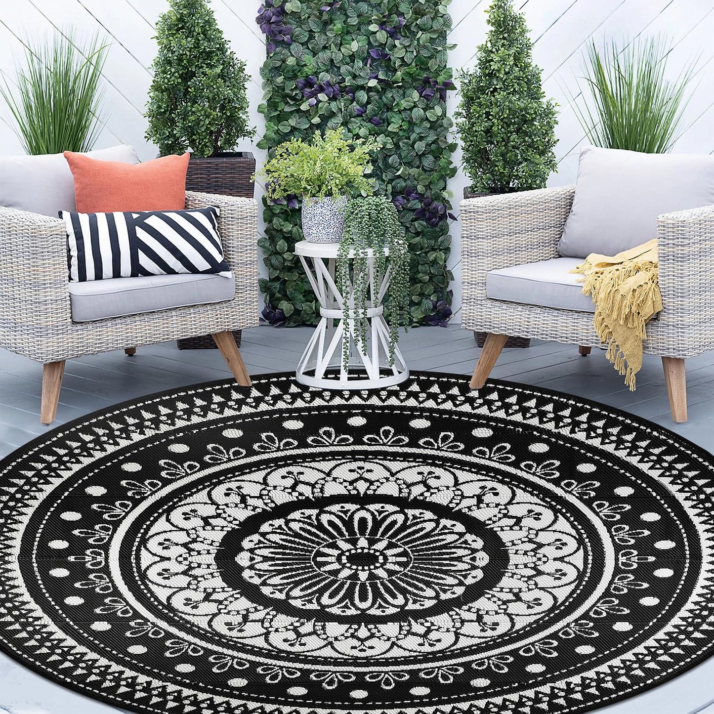 Cekene Round Outdoor Rugs for Patio - Waterproof Reversible Mat