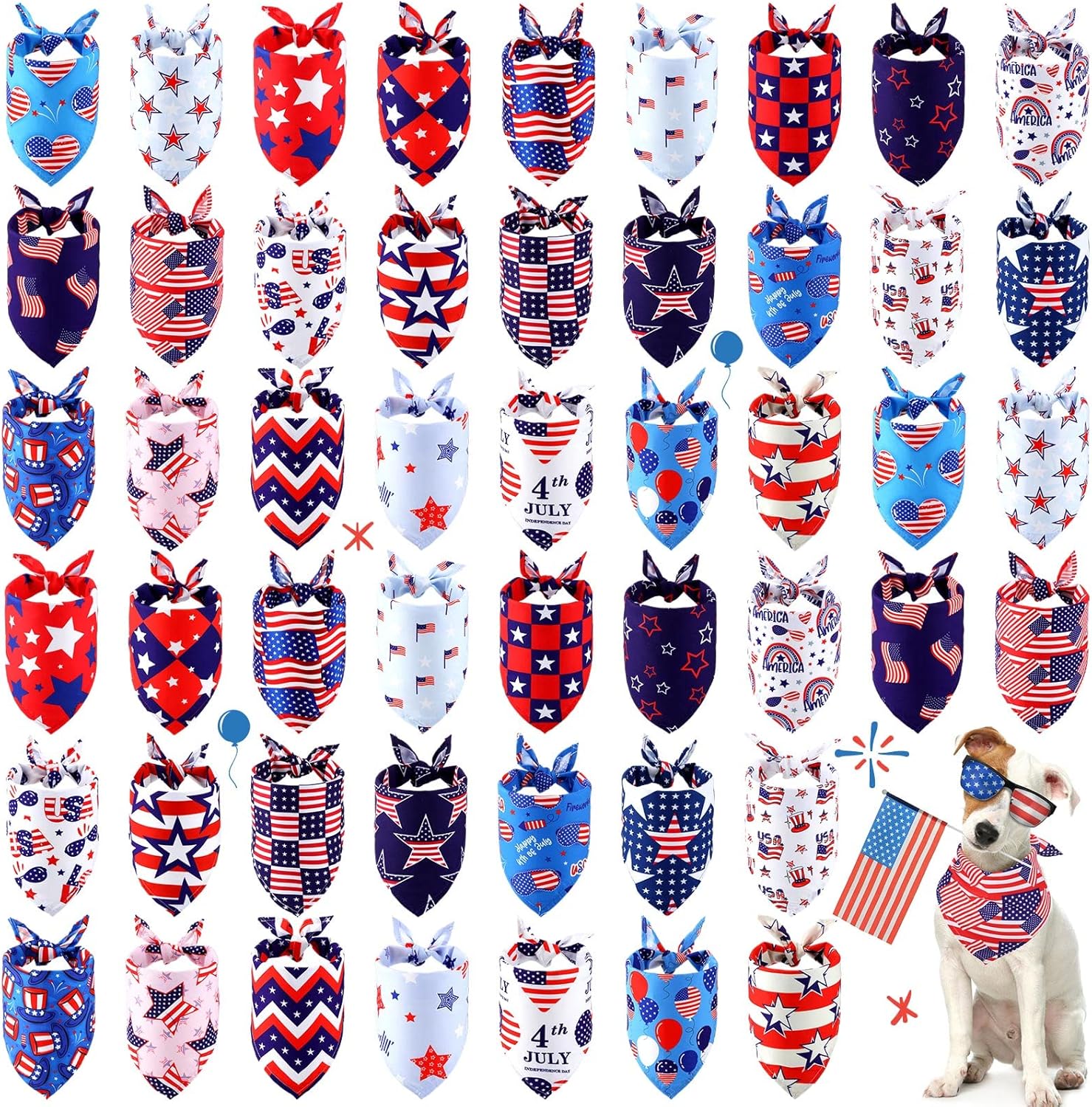 Patriotic Dog Bandanas for 4th of July - 50 Pack for Pets
