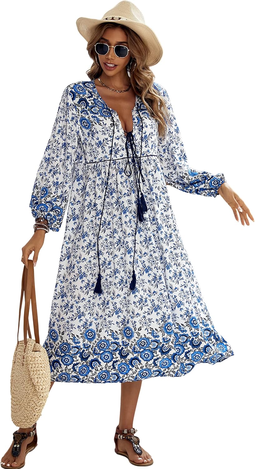 R.Vivimos Women's Long Sleeve Floral Print Bohemian Midi Dress