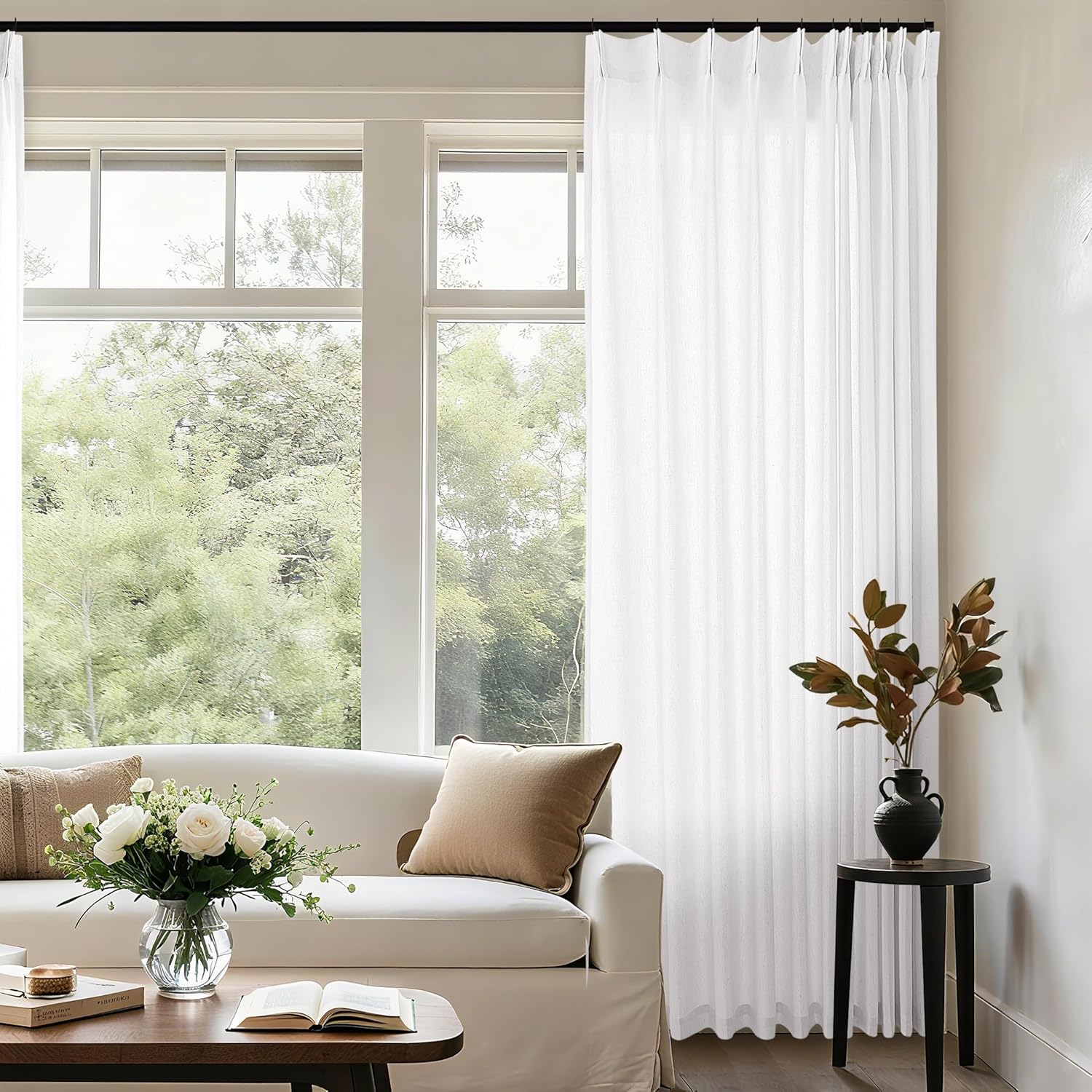 Ivory White Pinch Pleat Linen Curtains for Patio Sliding Door