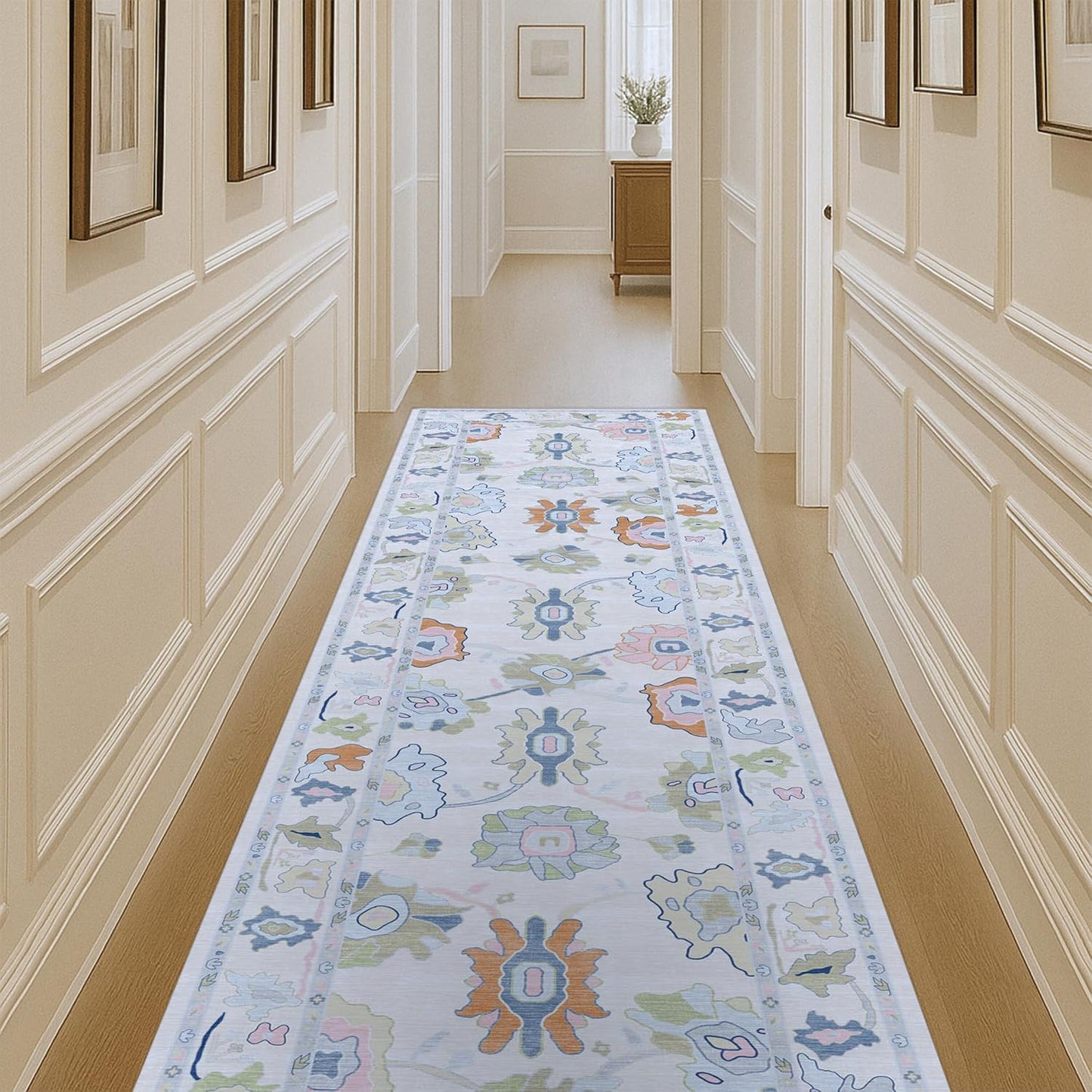 Cream Oushak Runner Rug for Hallway, Kitchen, and Living Room