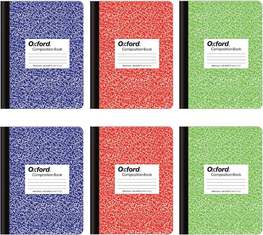 Oxford 6 Pack Marble Cover Notebooks - Wide Ruled, 100 Sheets, School Supplies