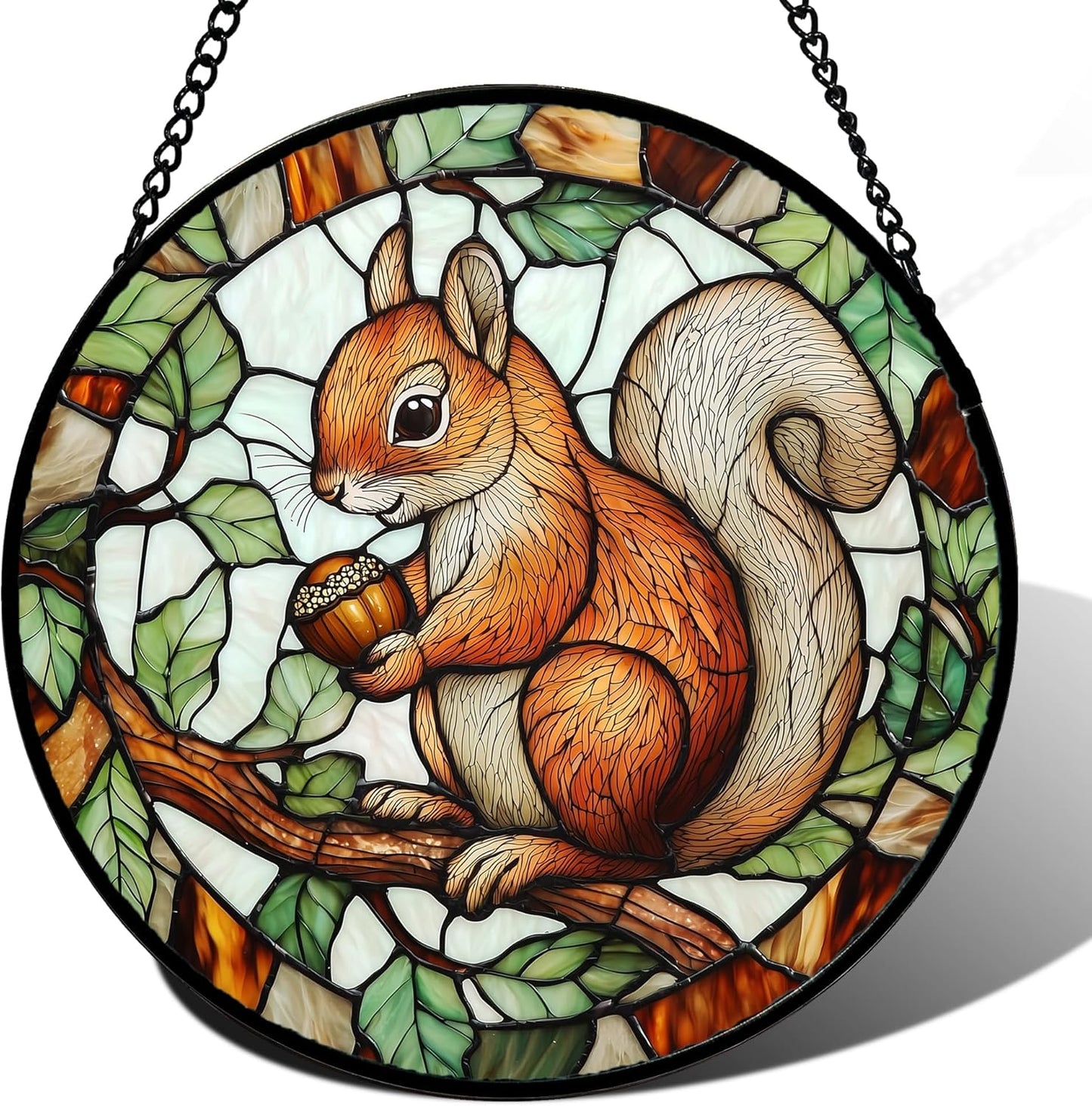 Stained Glass Window Hanging Squirrel on a Branch Decor