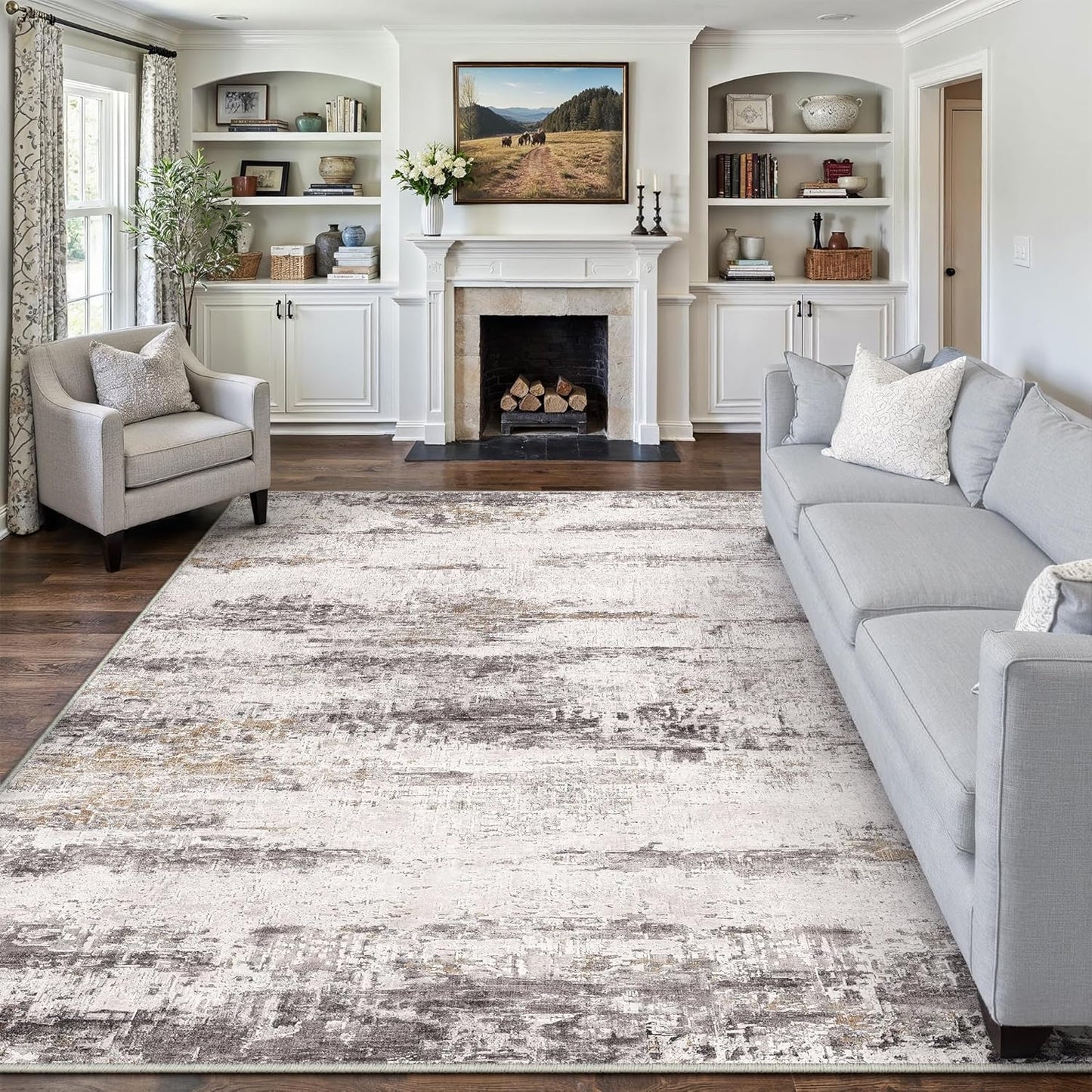Abstract Neutral Modern 8x10 Area Rug for Living Room and Office