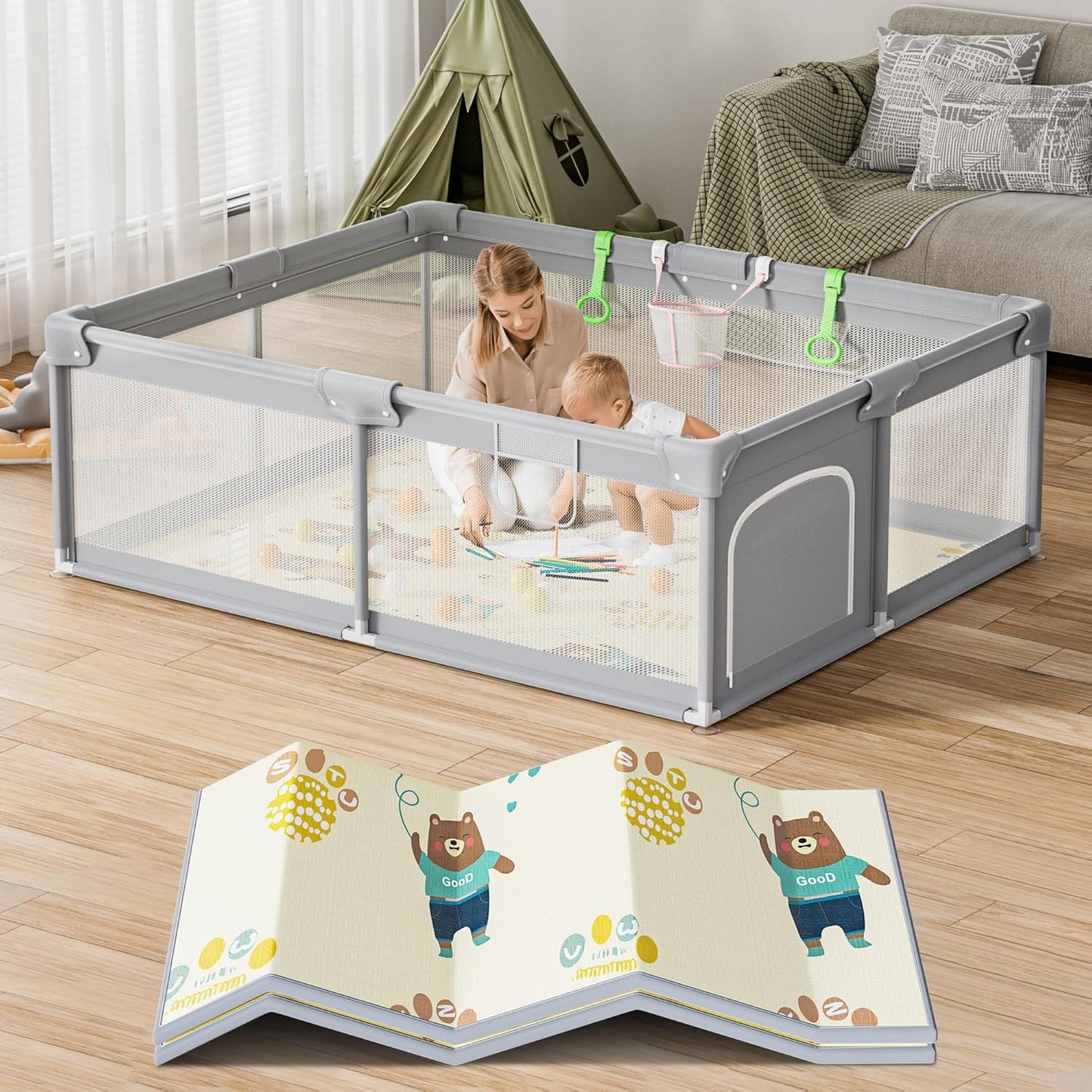 Large 71x59in Baby Playpen w/ Mat - Indoor/Outdoor Fun!