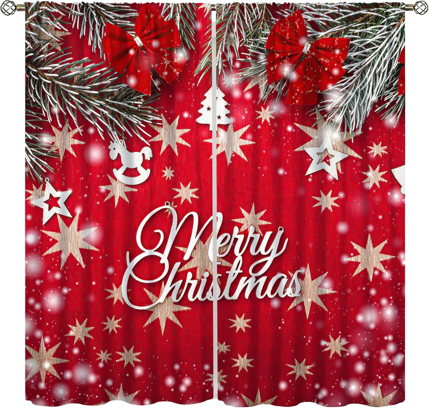 Festive Winter Print Curtains 63X72 Inch | Red Branches Snowflake