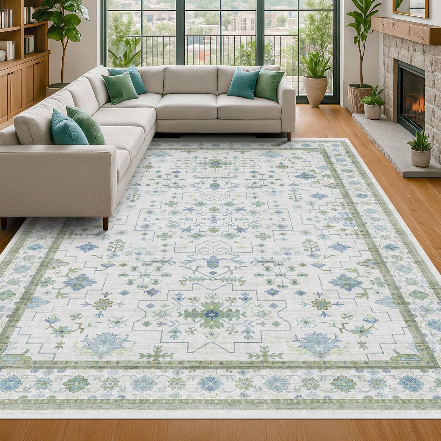 Blue and Green Living Room Rug 8x10 - Vintage Boho Floral Design