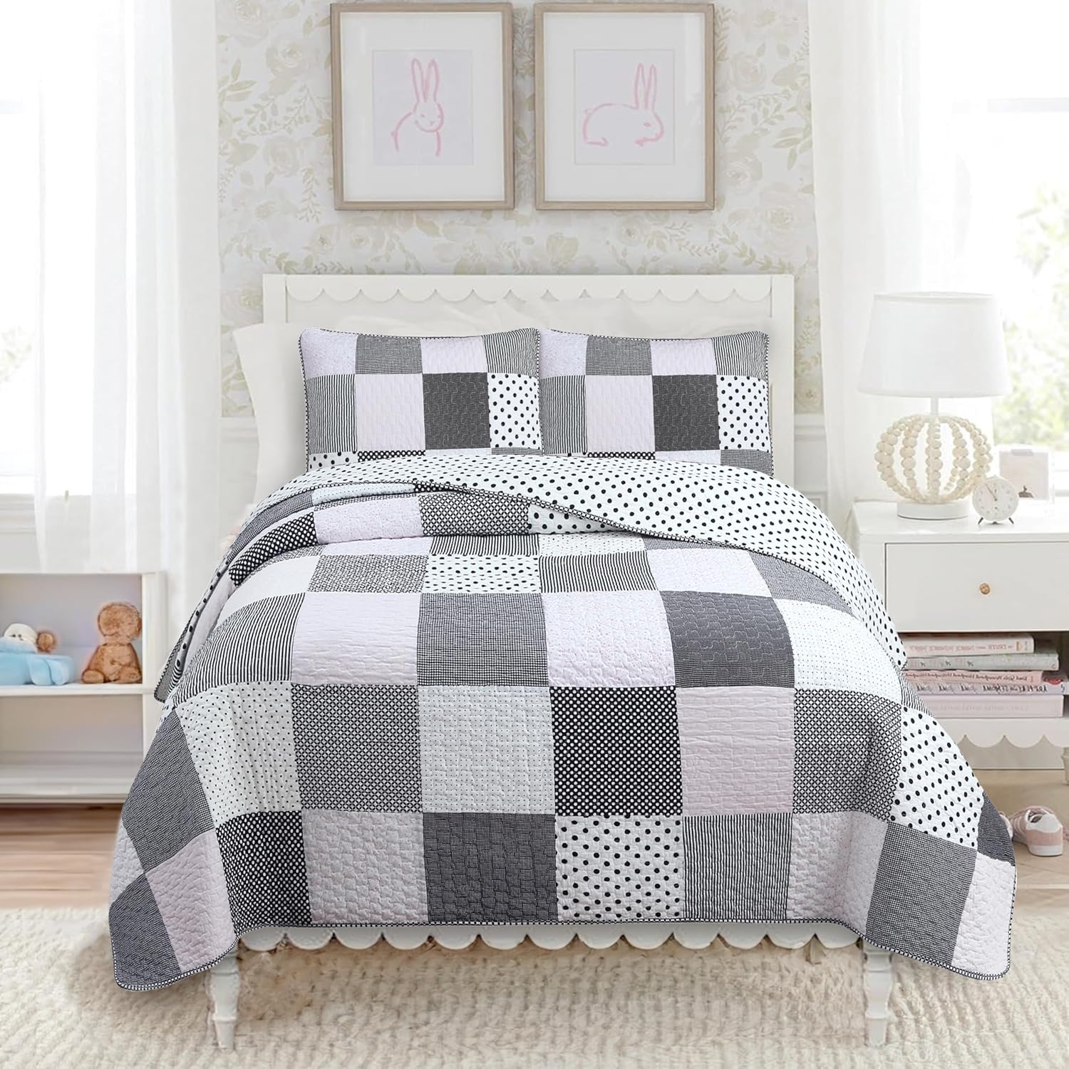 Cozy Line Home Fashions Black White Pink Polka Dots Quilt Set