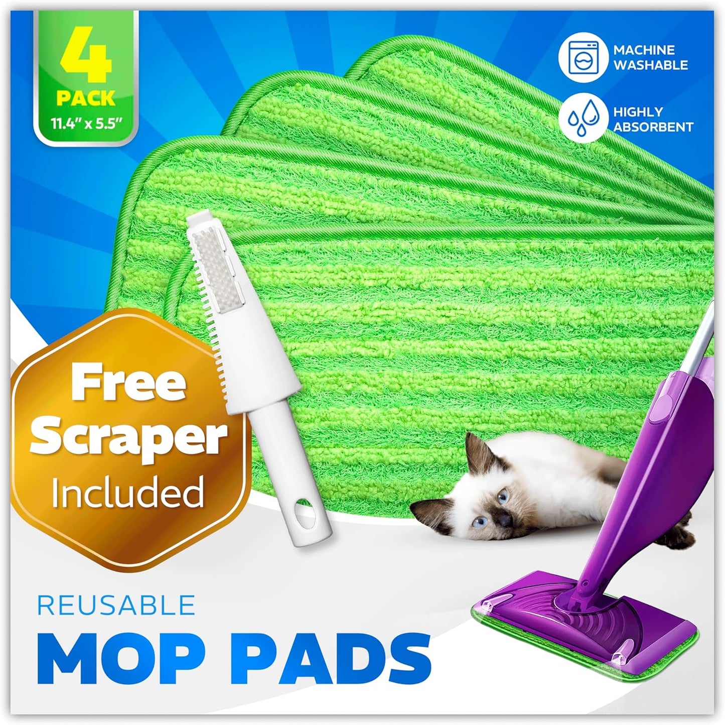 4 Pack Reusable Microfiber Mop Pads - Machine Washable Refills for Clean Wood Floors!