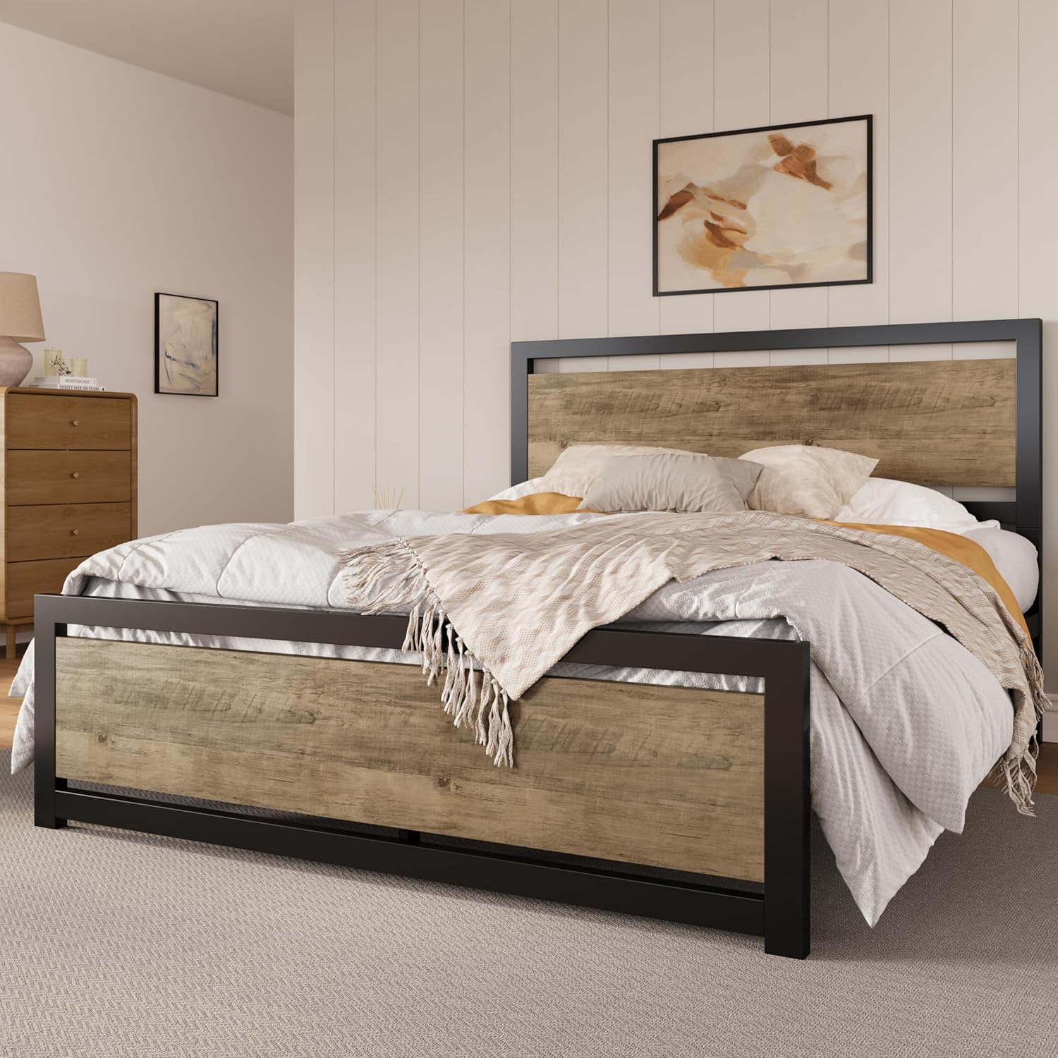 SHA CERLIN Queen Size Bed Frame with Modern Headboard Design
