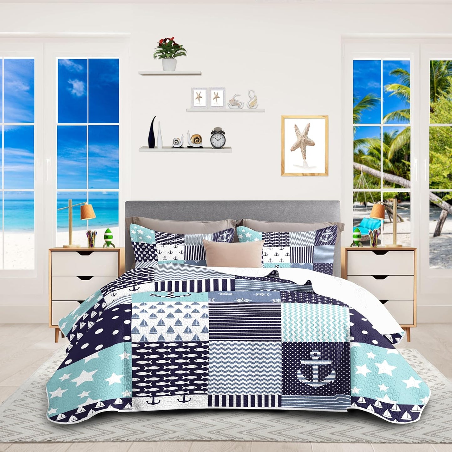 Nautical Bedding Queen Size Coastal Quilt with 2 Shams Set