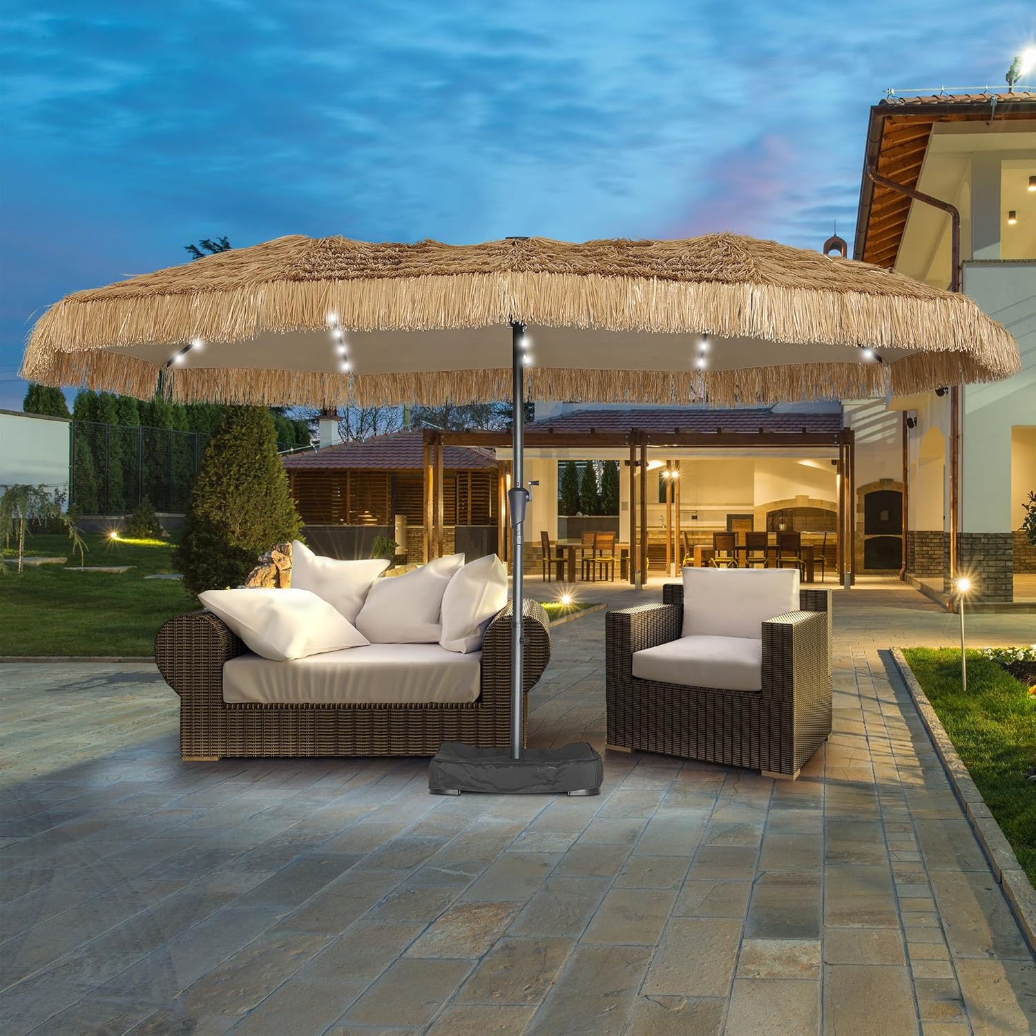 GDY 15 ft Tiki Patio Umbrella with LED Lights for Outdoor Use
