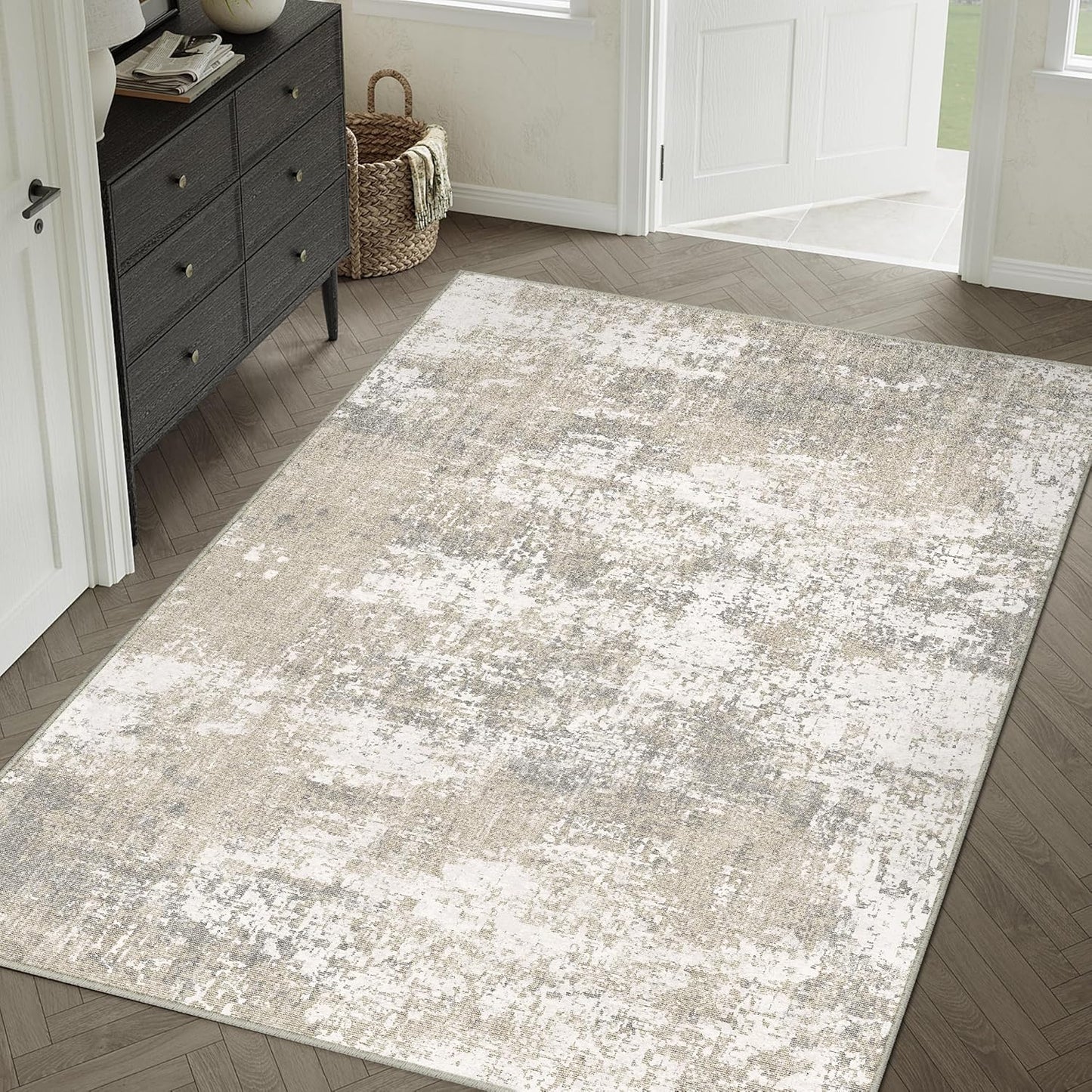 Modern Abstract Beige Gray Area Rug 5x7 for Stylish Homes