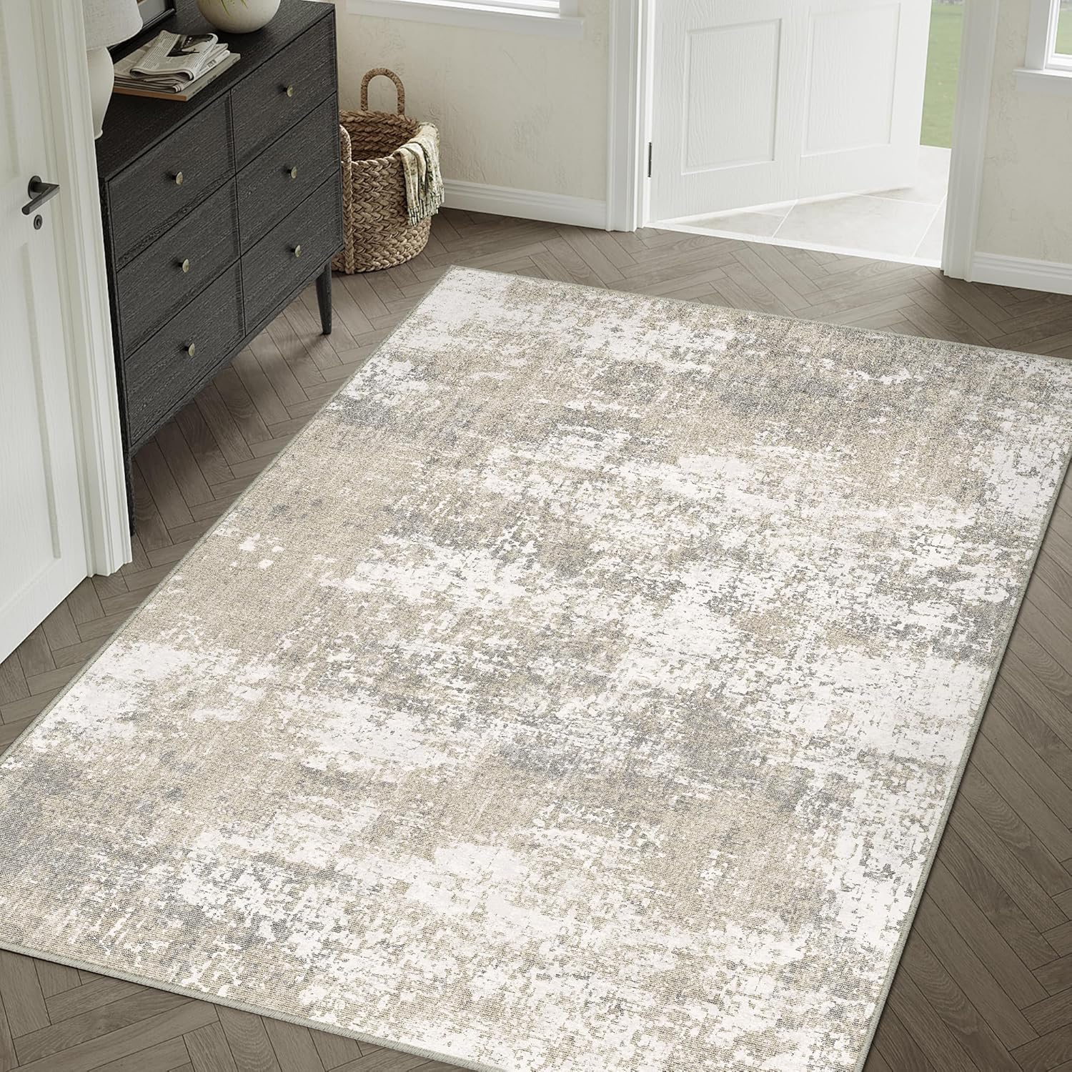 Modern Abstract Beige Gray Area Rug 5x7 for Stylish Homes