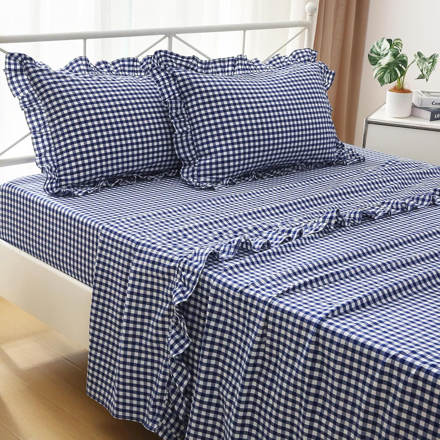 Navy Blue White Plaid Ruffle Sheets Queen Size 4-Piece Set