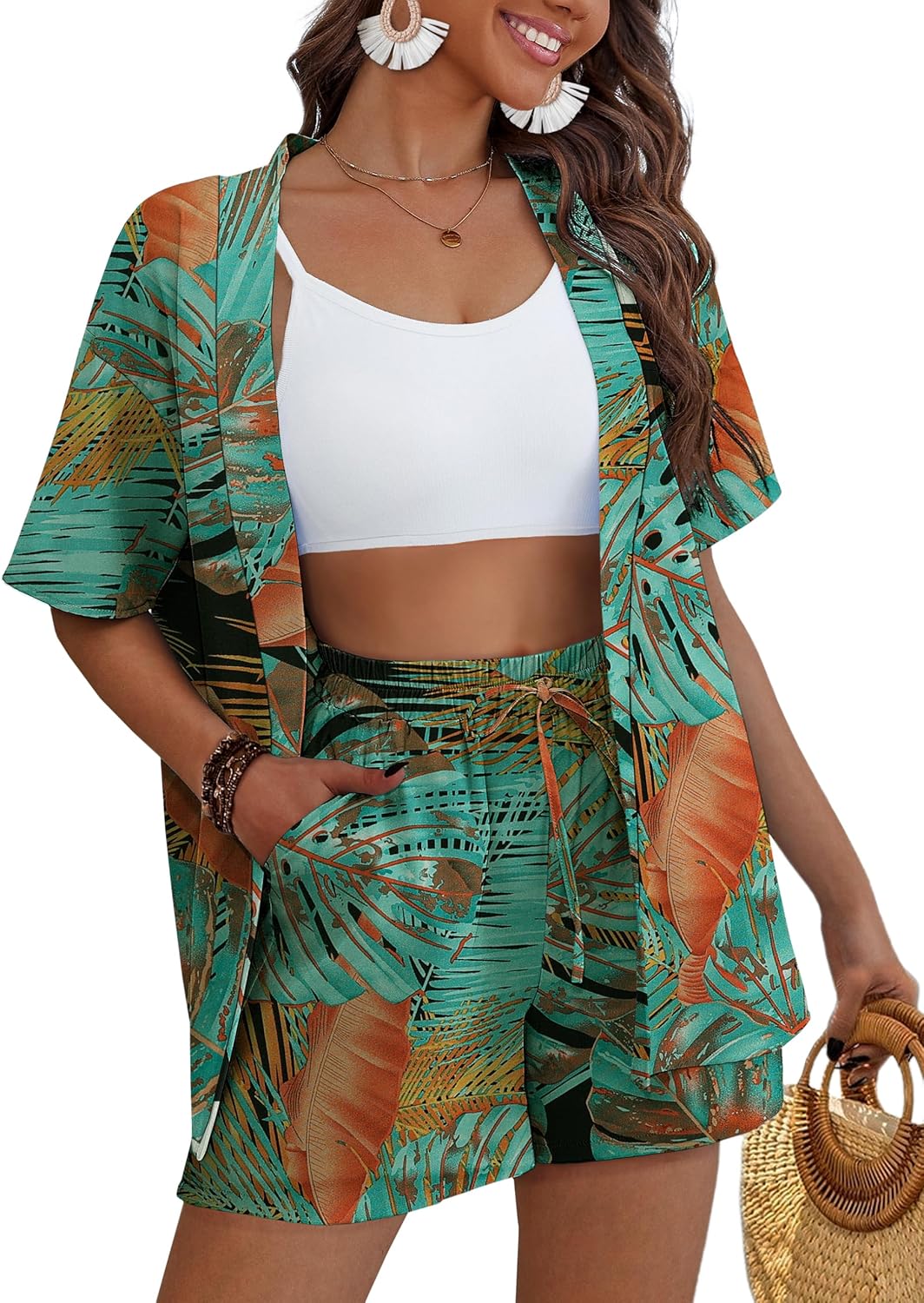 Tropical Print 2 Piece Outfits for Women - Kimono Style Set