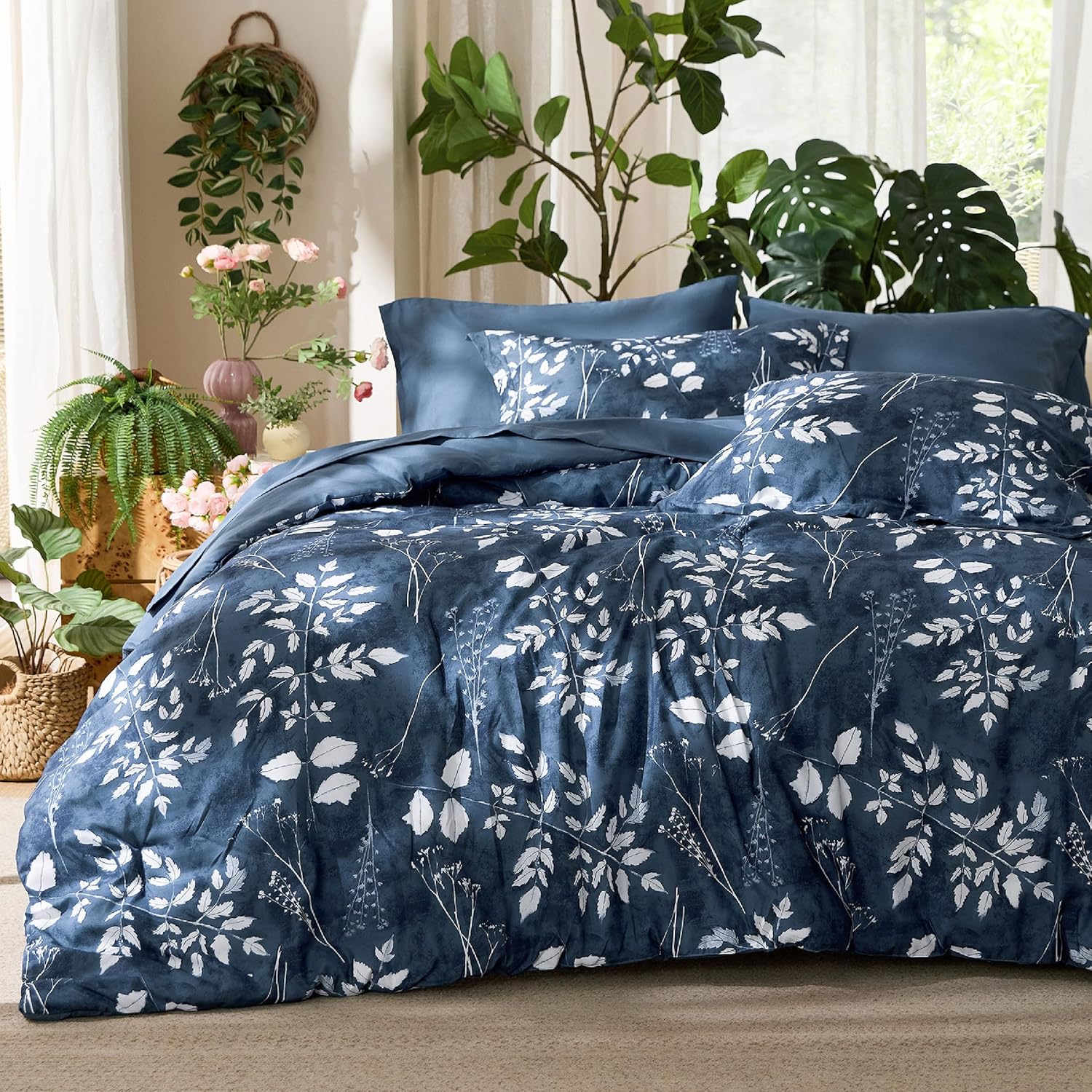 Bedsure Full Size Comforter Set - 7 Pieces Floral Navy Bedding