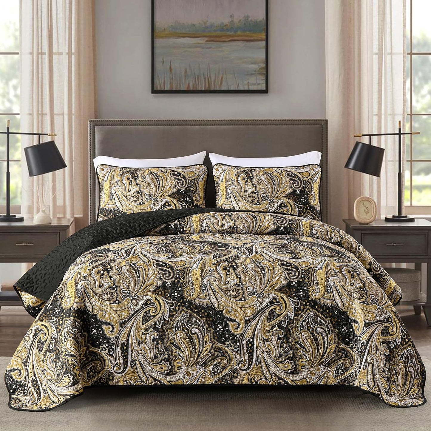 DJY Black Paisley Quilt Set Queen Soft Lightweight Bedspread