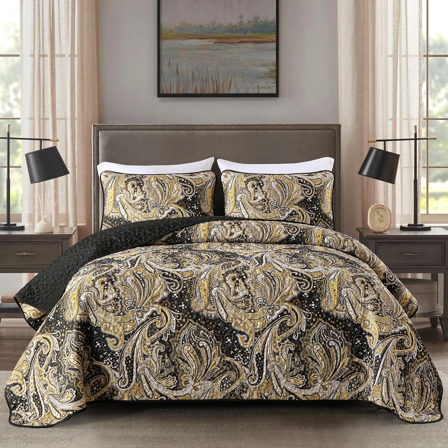 DJY Black Paisley Quilt Set Queen Soft Lightweight Bedspread