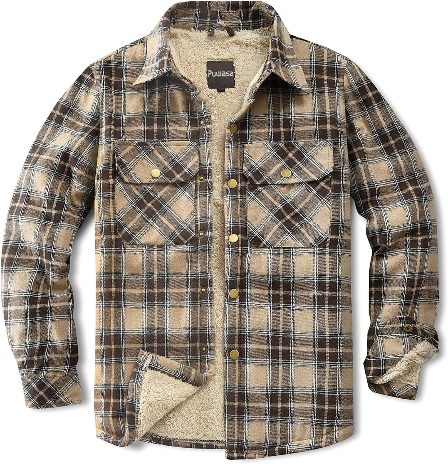 Men's Sherpa Lined Cotton Flannel Shirt Jacket for Winter Wear