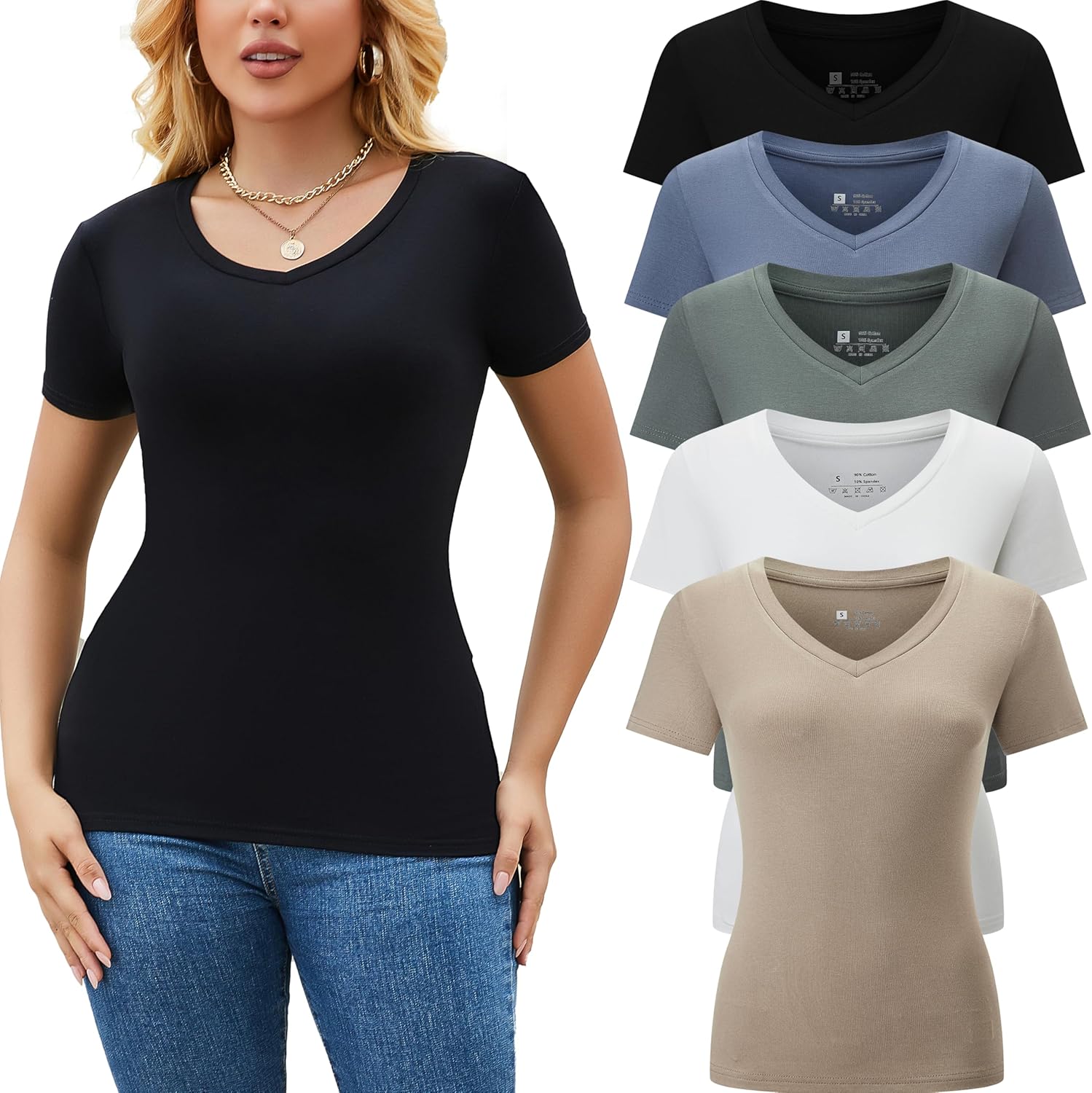 5 Pack Womens T Shirts Short Sleeve V Neck Casual Summer Tops