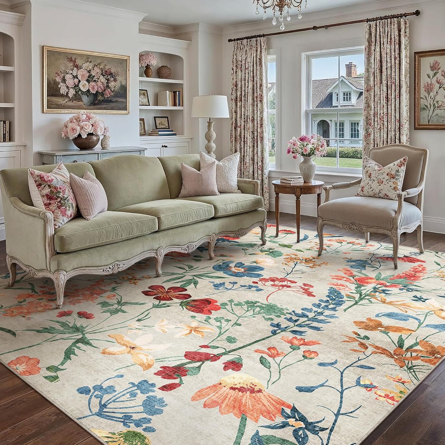 Beige Area Rug 6x9 Floral Washable Soft Throw Rug for Home