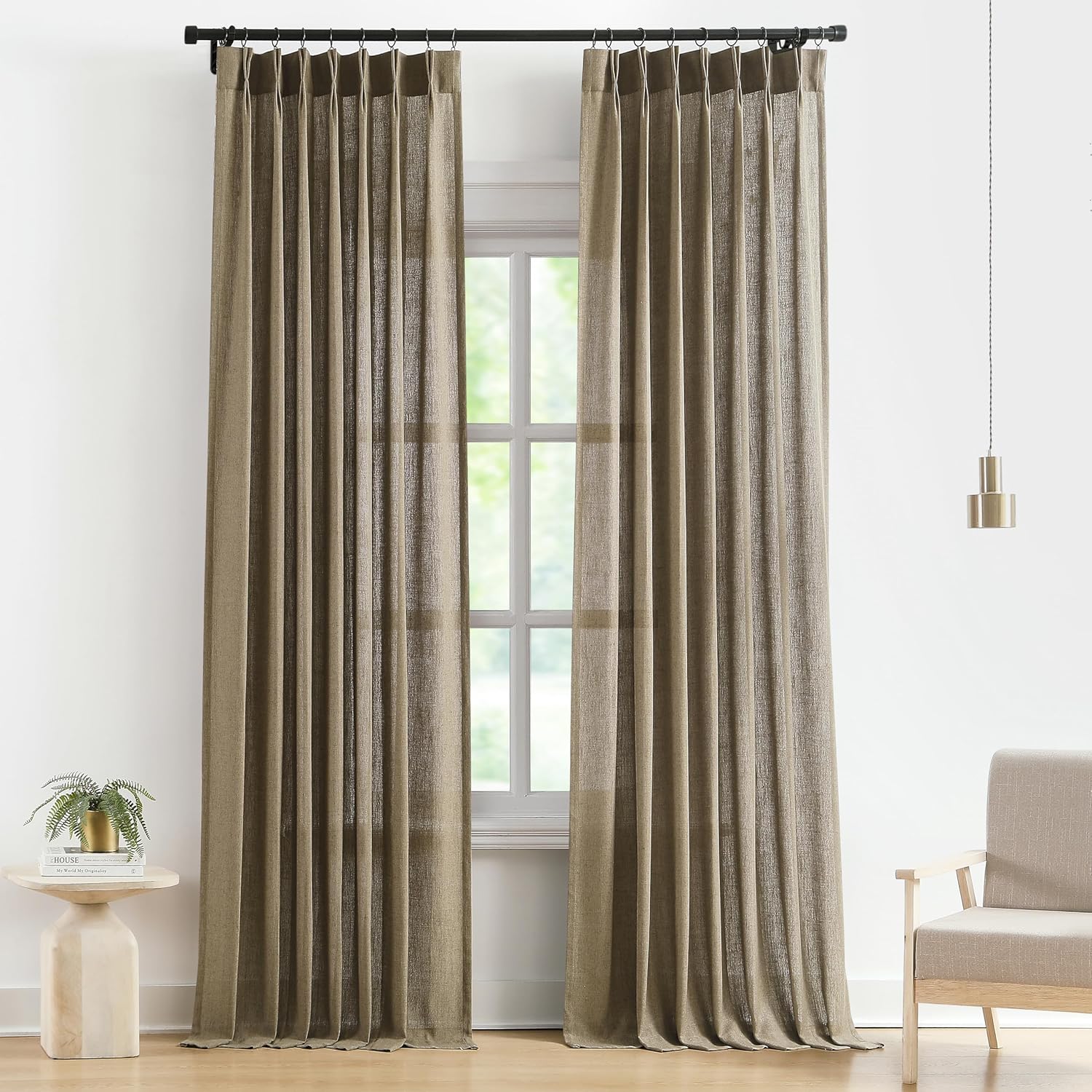 Vision Home Brown Pinch Pleated Semi Sheer Curtains for Windows