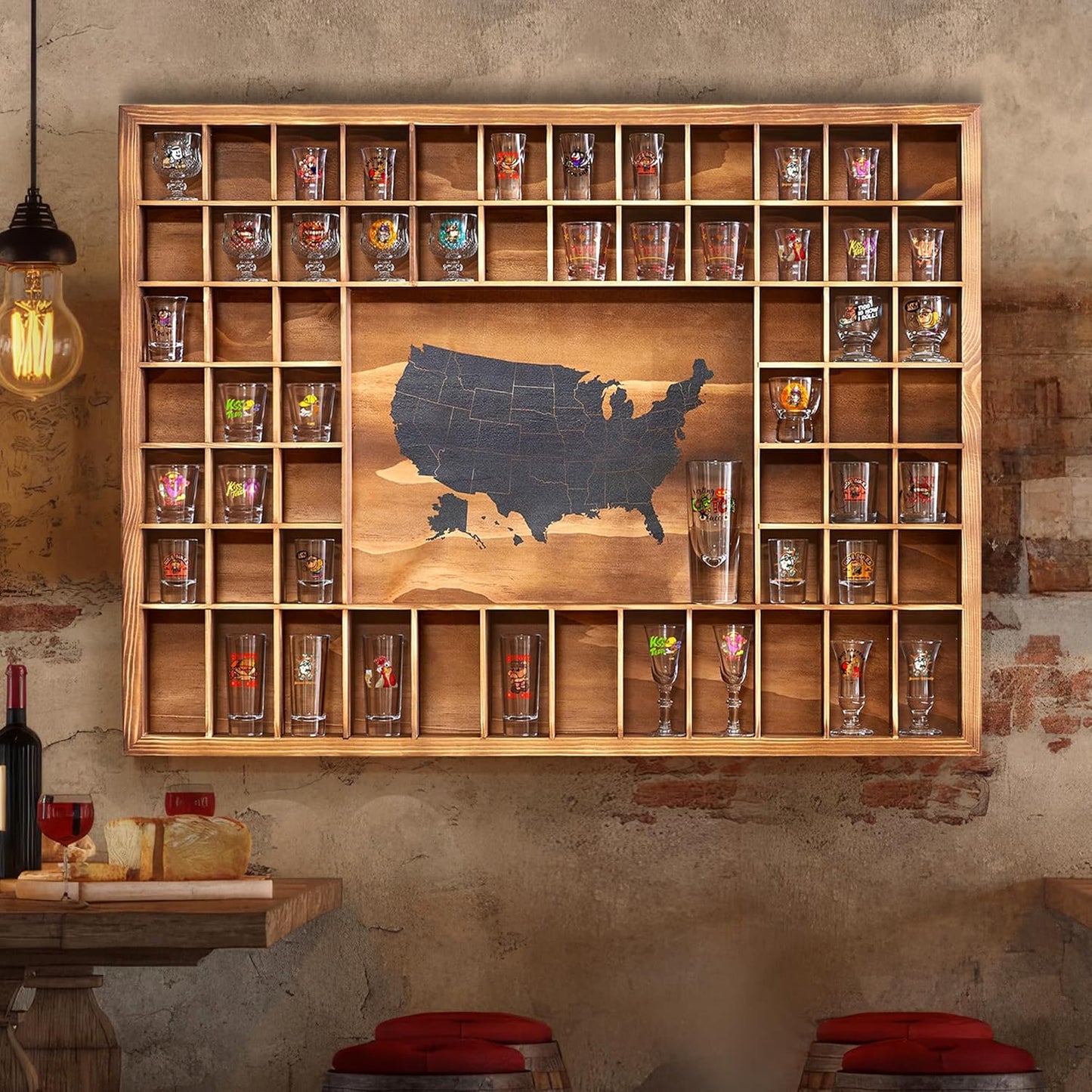 Large US Map Shot Glass Display Case for 60 Glasses Storage