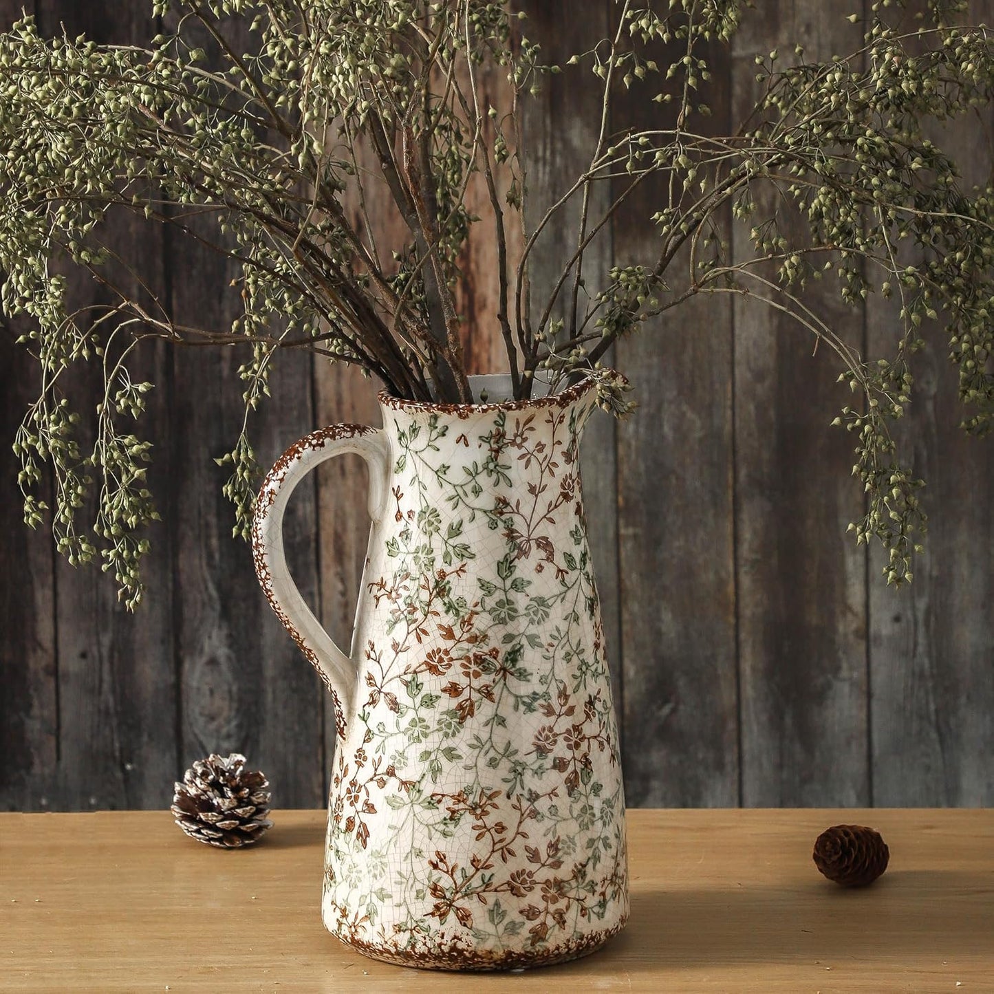 Enra Pitcher Vase with Handle - Vintage Chinoiserie Floral Decor