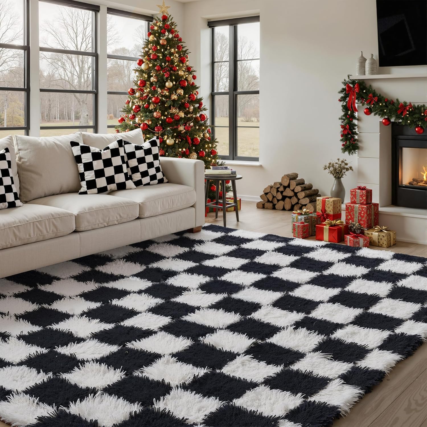 Checkered Rug 6x9 for Living Room, Soft Non-Slip Area Rug