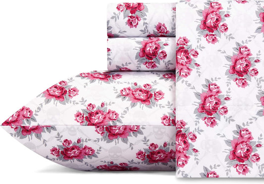 Betsey Johnson Skull Rose Trellis Microfiber Pink Sheet Set King