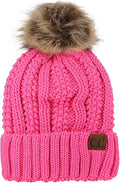 Thick Cable Knit Faux Fuzzy Fur Pom Fleece Lined Skull Cap Cuff Beanie