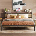King Size Bed Frame with Storage Headboard and Charging Station