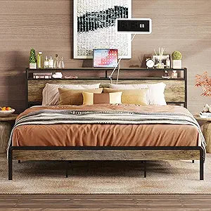 IRONCK King Size Bed Frame with Storage and Charging Station